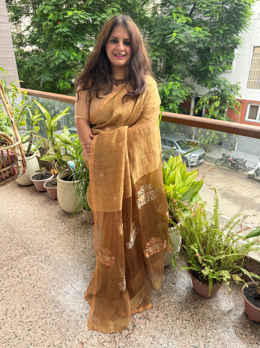 SEND BROWN COPPER TISSUE LINEN JAMDANI HANDWOVEN SARI WITH ELEGANT WOVEN MOTIFS