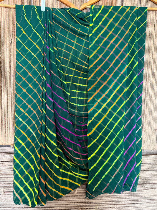 BOTTLE GREEN ULTI LEHERIYA HANDCRAFTED CHIFFON SARI CL -1040
