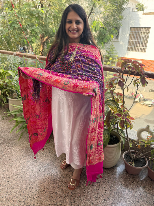 pink & purple ombré shade Handwoven Bareek Bandhani in Meenakari Jaal Premium Georgette dupatta