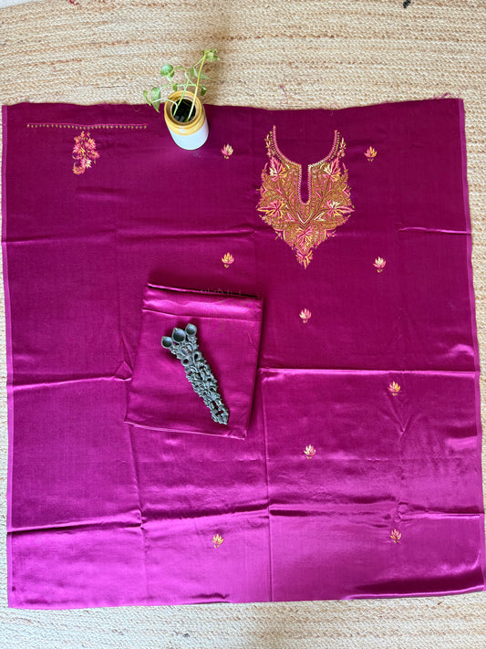 MAGENTA PURPLE MASHRU SILK HAND EMBROIDERY KASHMIRI HANDEMBROIDERY SOZNI WORK CORD SET Cs- 30