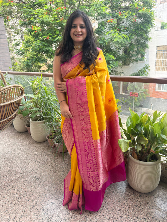 Mango Yellow Tussar Silk Certified Handloom Banarsi sari With Woven Zari