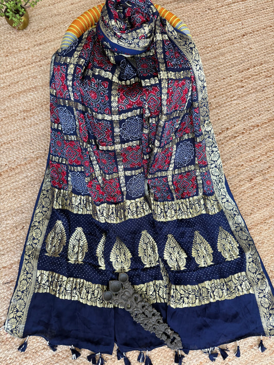NAVY BLUE MODAL SILK AJRAKH HANDCRAFTED GHARCHOLA DUPATTA WITH AJRAKH PRINT IN NAKSHI BORDER