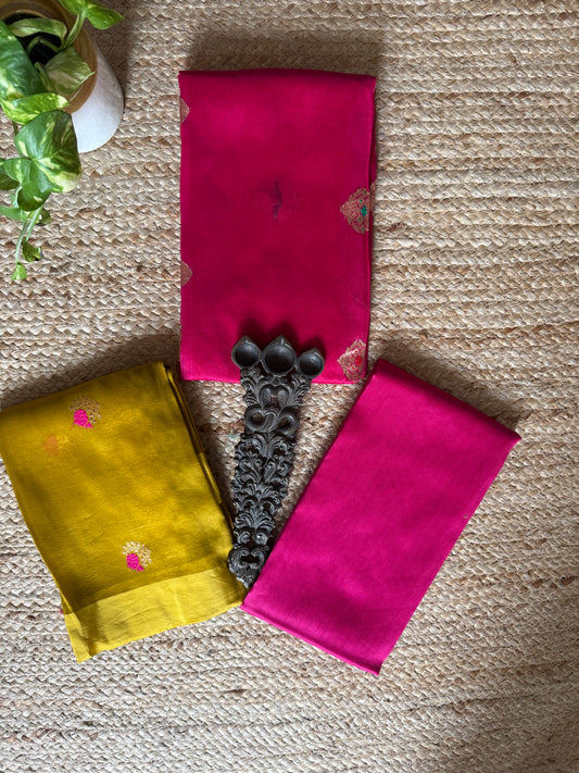 Wild Berry Pink kora silk certified handloom banarsi kadwa booti meenakari three piece suit
