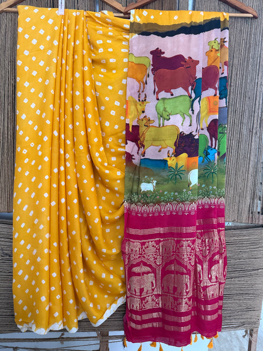 Yellow & pink modal silk bandhani sari with pichwai print bps 49