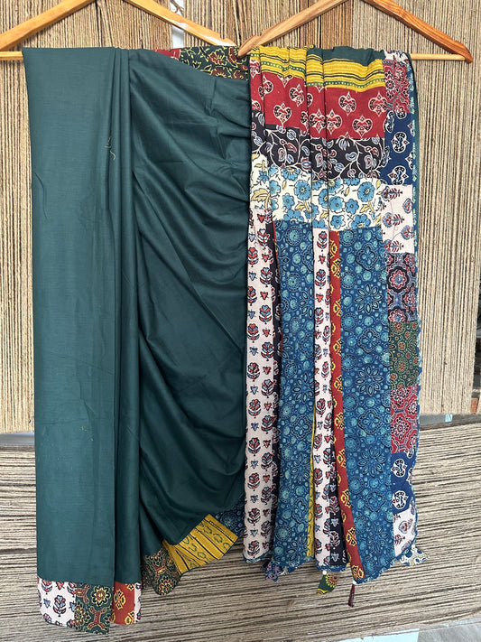 DARK GREEN PATCH WORK AJRAKH HAND CRAFTED MULL SAREE