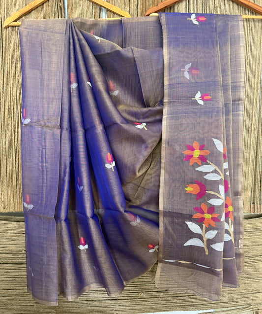 GRAY BLUE DUAL SHADE JAMDANI HANDWOVEN PURE MUSLIN SILK SARI MJS-7