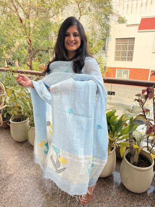 LIGHT SKY BLUE JAMDANI LINEN KURTA SET LJS-302