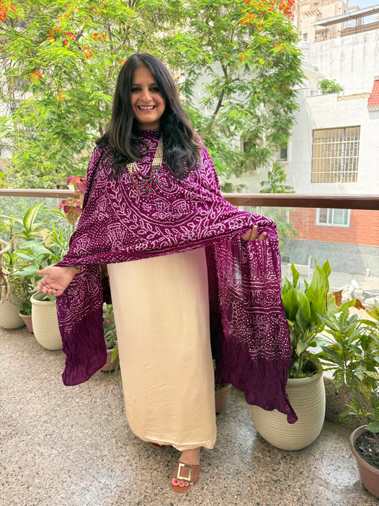 IVORY Gajji and Purple shade Handwoven Bareek Bandhani dupatta in pure Gajji kurta Set