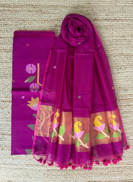 Shocking Pink handwoven jamdani pure cotton silk kurta set mjk-