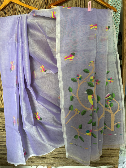 LAVENDER PURPLE JAMDANI HANDWOVEN PURE MUSLIN SILK SARI MJS 27