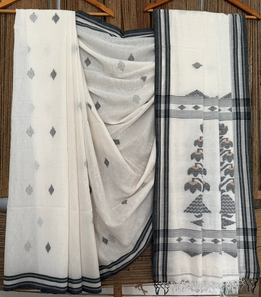 WHITE & GREY CLASSIC AUTHENTIC HANDWOVEN JAMDANI WEAVING PURE COTTON SARI