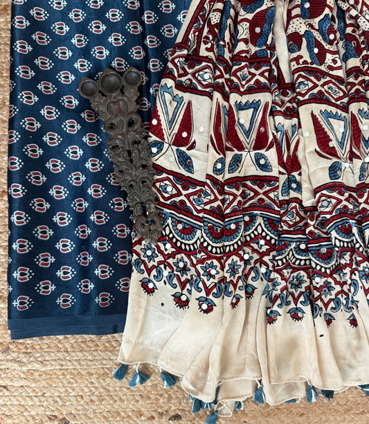 Blue Mashru Silk Kurta With Beige Ajrakh Handcrafted Mirror Work Modal Silk Dupatta