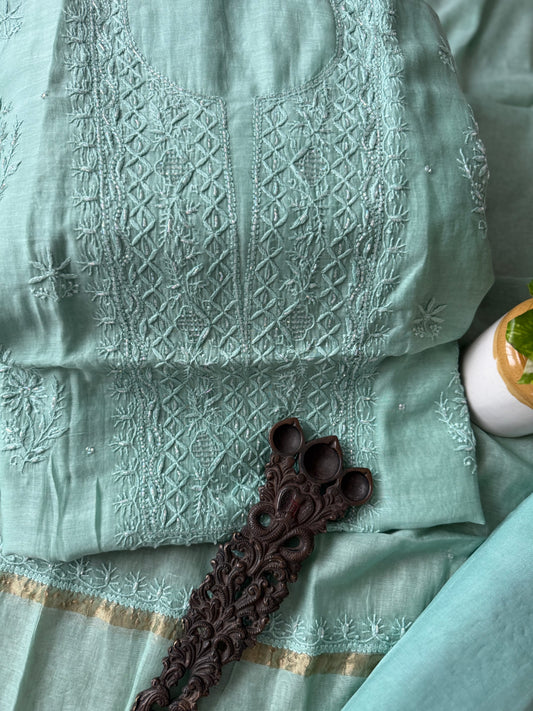 MINT GREEN EMBROIDERY PREMIUM MULL CHANDERI LUCKNOWI CHICKENKARI WITH MOTI WORK HAND EMBROIDERY THREE PIECE SUIT