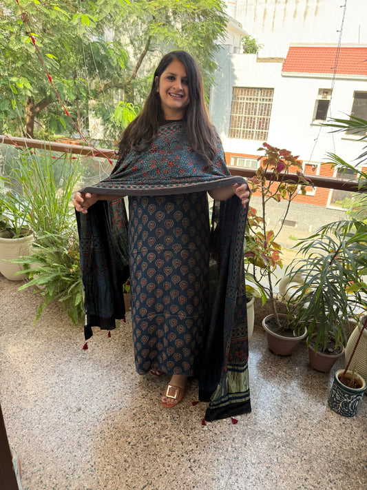 INDIGO BLUE AJRAKH MODAL SILK HANDBLOCK KURTA SET