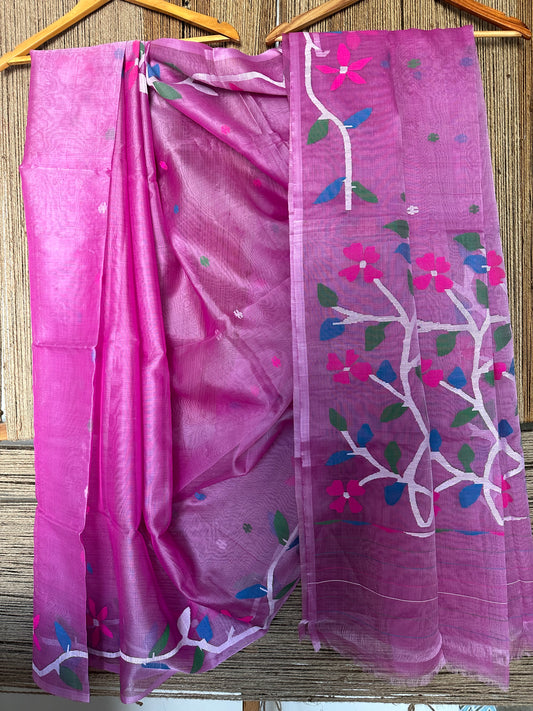 PURPLE JAMDANI HANDWOVEN PURE MUSLIN SILK SARI MJS-13