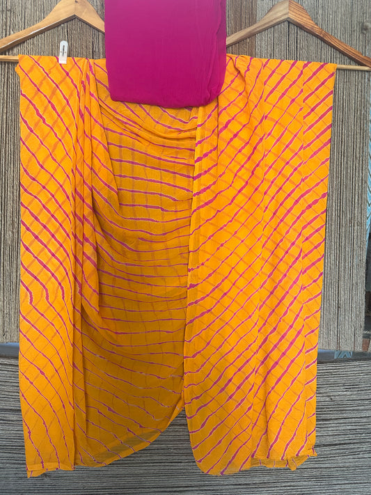 AMBER YELLOW WITH CONTRAST BLOUSE LEHERIYA HANDCRAFTED CHIFFON SARI CL-21