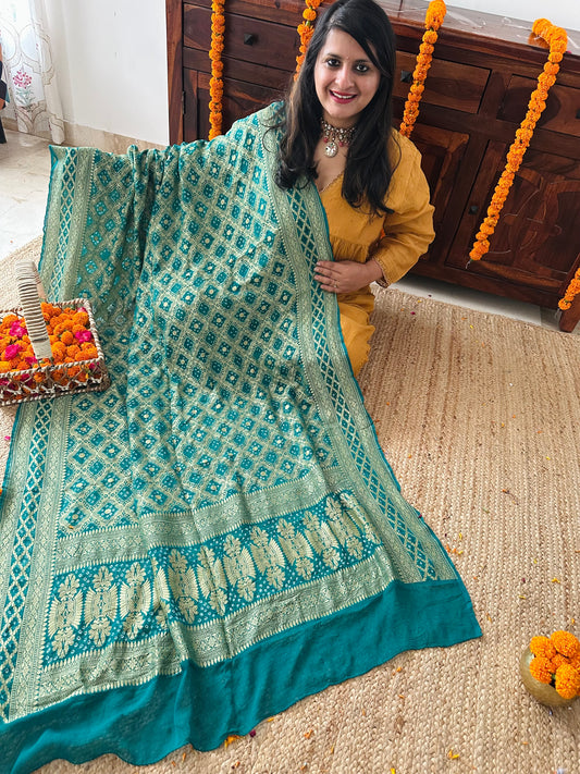 Sea Green Handwoven NeemZari Bareek Bandhani in Khaddi Georgette dupatta BD-107
