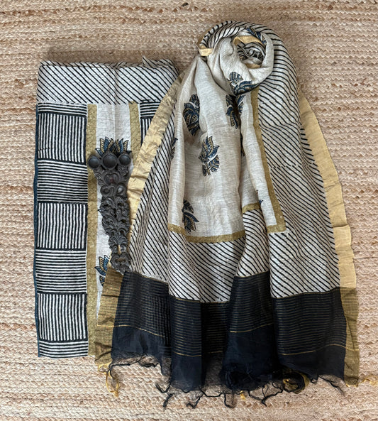 BEIGE AJRAKH BUTTA LINEN SILK HANDBLOCK SUIT SET