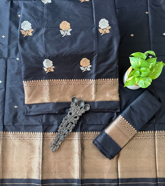 Onyx Black Katan silk certified handloom banarsi kadwa booti three piece suit
