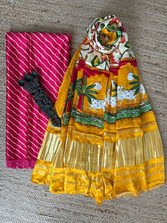 Pink Leheriya mashru silk kurta with patola handcrafted modal silk dupatta