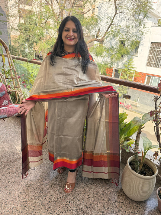 GREY MAHESHARI BORDER SILK HANDLOOM KURTA SET