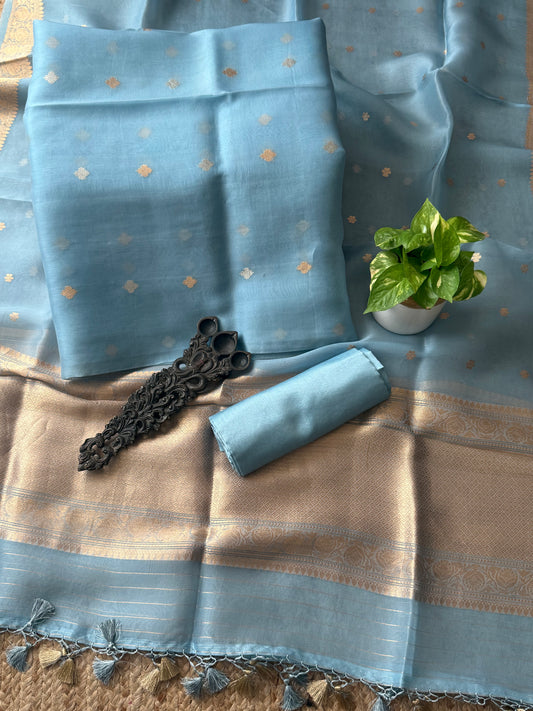 Powder Blue kora handloom banarsi kadwa booti meenakari three piece suit