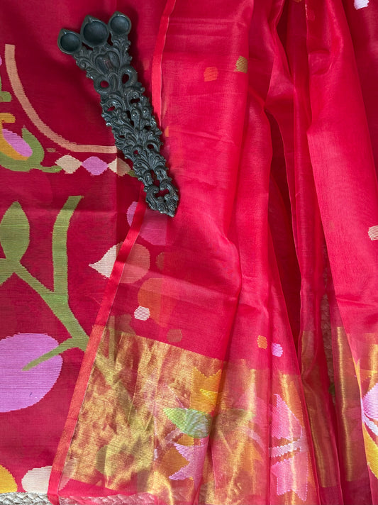 CHERRY RED HANDWOVEN JAMDANI PURE MUSLIN SILK KURTA SET MJK-114