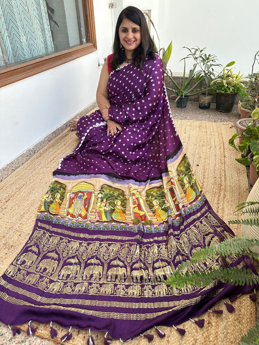 Purple Modal silkBandhani  handcrafted with Pichwai Print Sari in Nakshi Elephant  Border  BPS 12