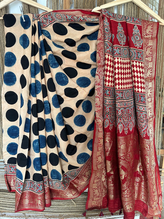 BEIGE POLKA DOLA SILK AJRAKH ZARI BORDER SARI
