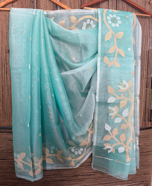 SEA GREEN JAMDANI HANDWOVEN PURE MUSLIN SILK SARI MJS -42
