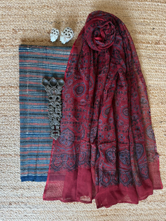 BLUE AJRAKH COTTON HANDBLOCK KURTA WITH AJRAKH KOTA DUPATTA