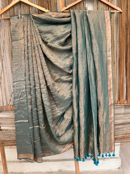 TEAL BLUE METALLIC LINEN SARI WITH WOVEN BORDER & TASSELS ML-49