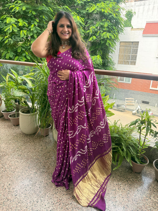 Magenta Purple modal silk dot bandhani sari
