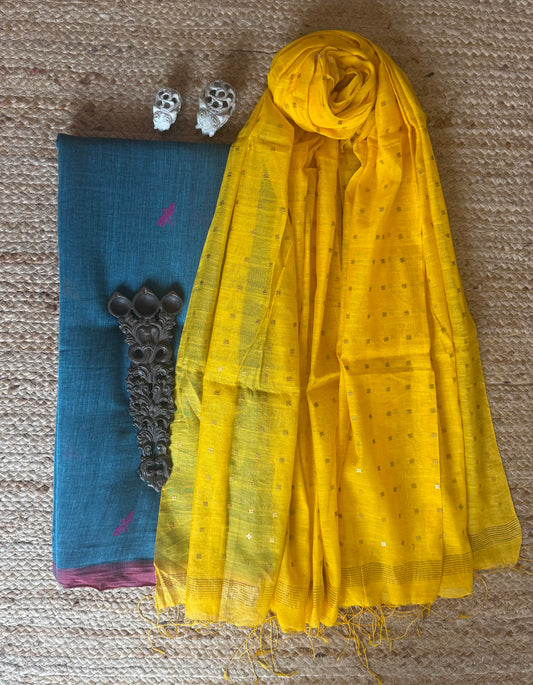 JADE GREEN JAMDANI HAND WOVEN MULL COTTON KURTA WITH SEQUENCE DUPATTA