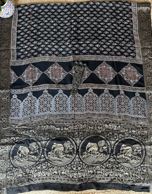 BLACK DOLA SILK AJRAKH ZARI BORDER SARI