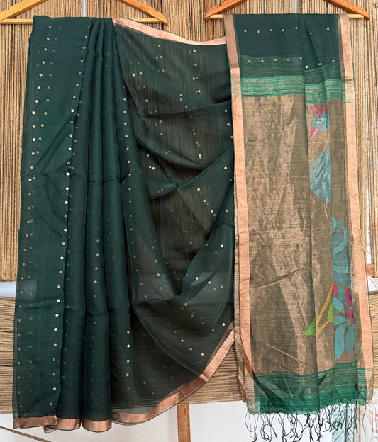 Sacramento Green Jamdani sequence work handwoven pure muslin silk sari With Matka Silk Blouse Piece