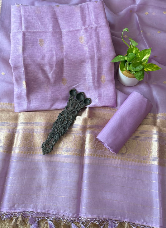 Sea Lavender Purple Linen handloom banarsi kadwa booti meenakari three piece suit