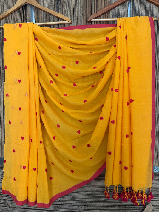 Orange Peel Mull embroidery handloom sari with tassels