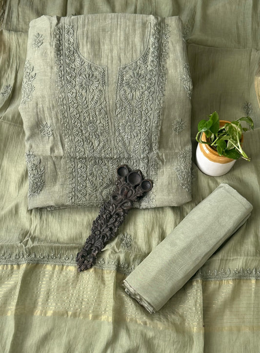 EVERGREEN PREMIUM CHANDERI COTTON LUCKNOWI CHICKENKARI HAND EMBROIDERY THREE PIECE SUIT