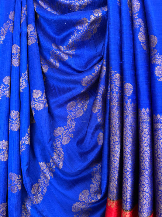 Azure blue raw silk certified handloom banarsi sari with woven zari