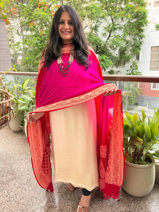 IVORY Gajji and pink & red ombré shade Handwoven Bareek Bandhani in Meenakari Jaal Premium Georgette kurta Set