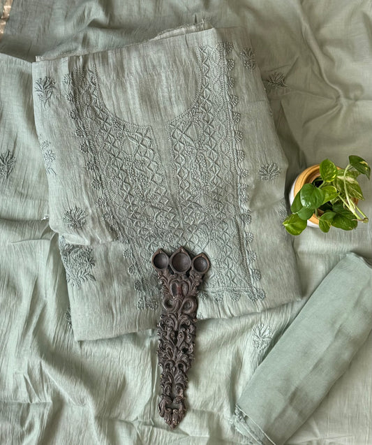 ASPARAGUS PREMIUM CHANDERI COTTON LUCKNOWI CHICKENKARI HAND EMBROIDERY THREE PIECE SUIT