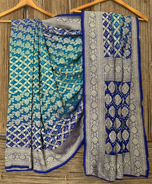 Teal blue & Royal blue dual Shade Handwoven Neem Zari Bareek Bandhani Saree with Khaddi Georgette BS- 9