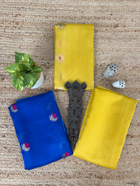 Lime Yellow kora silk certified handloom banarsi kadwa booti meenakari three piece suit