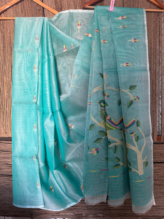 PISTACHIO GREEN JAMDANI HANDWOVEN PURE MUSLIN SILK SARI MJS 34