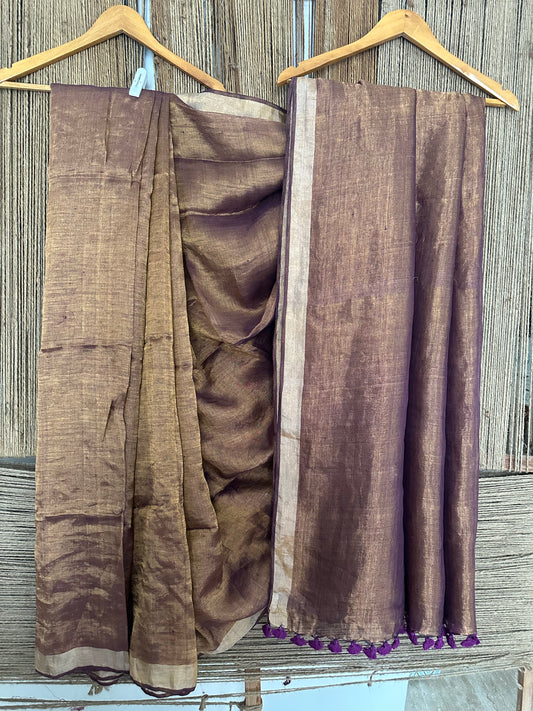 012 PURPLISH GOLD METALLIC LINEN SARI WITH WOVEN BORDER ML-29