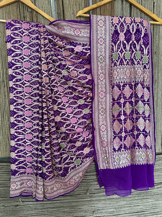 Orchid purple handwoven neem zari bareek bandhani saree with khaddi georgette with meenakari work bs- 23