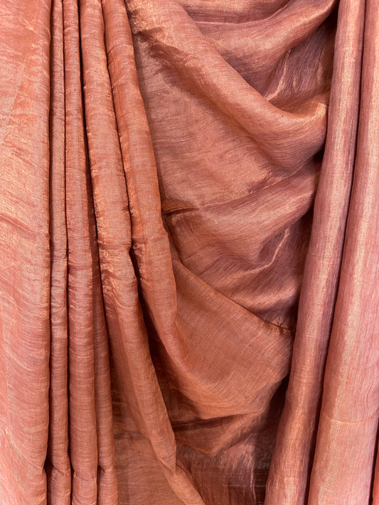 005 rust golden metallic linen sari with silver woven border and tassels