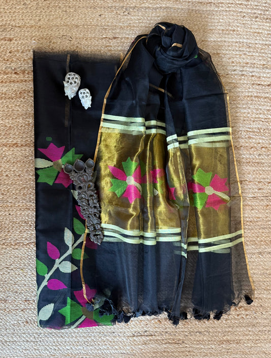 BLAcK HANDWOVEN JAMDANI PURE MUSLIN SILK KURTA SET MJK-104