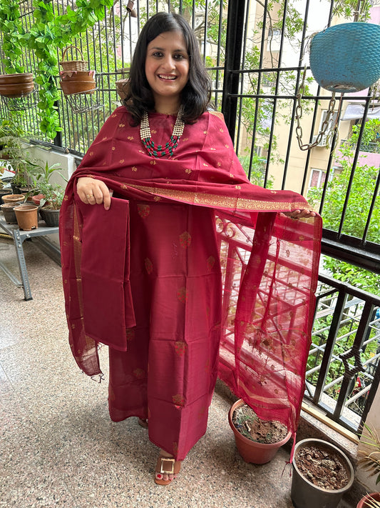 Maroon Chanderi handloom Banarsi Booti three piece suit